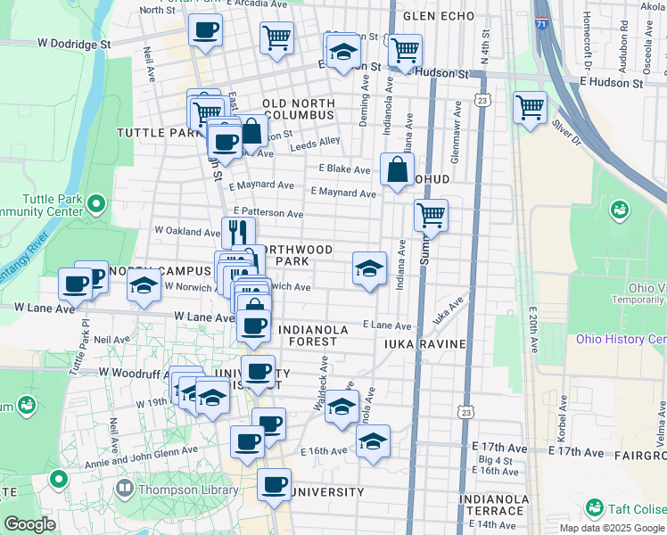 map of restaurants, bars, coffee shops, grocery stores, and more near 149 East Northwood Avenue in Columbus