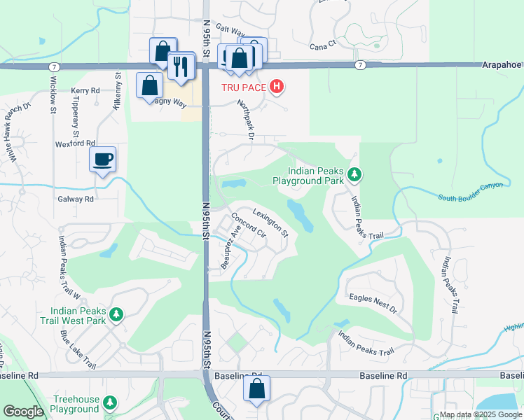 map of restaurants, bars, coffee shops, grocery stores, and more near 2533 Lexington Street in Lafayette