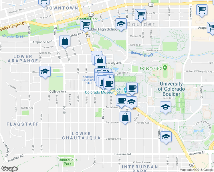map of restaurants, bars, coffee shops, grocery stores, and more near 1130 13th Street in Boulder