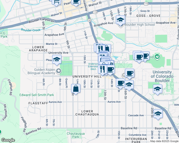 map of restaurants, bars, coffee shops, grocery stores, and more near 1131-1133 11th Street in Boulder