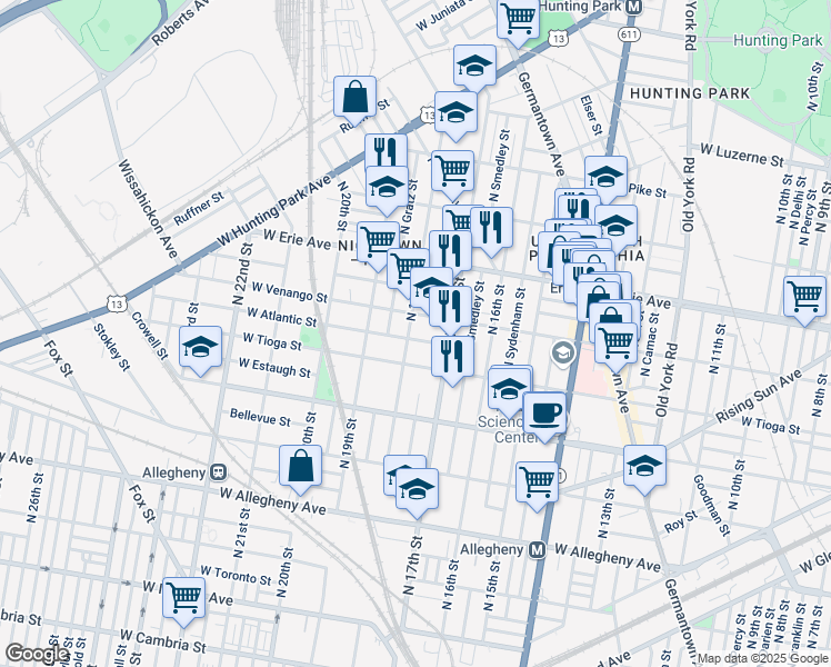 map of restaurants, bars, coffee shops, grocery stores, and more near 1722 West Venango Street in Philadelphia