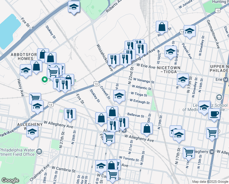 map of restaurants, bars, coffee shops, grocery stores, and more near 3452 North 23rd Street in Philadelphia