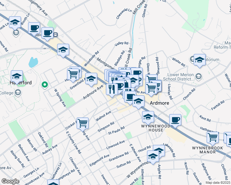 map of restaurants, bars, coffee shops, grocery stores, and more near 5 East Lancaster Avenue in Ardmore