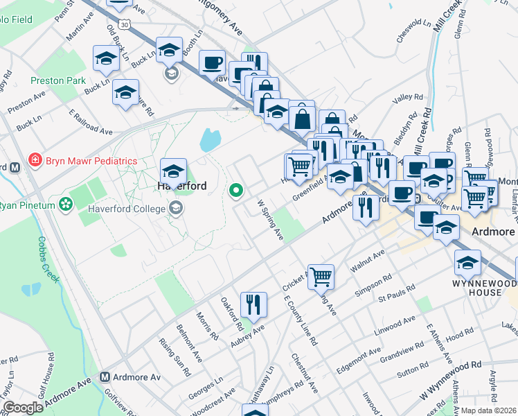 map of restaurants, bars, coffee shops, grocery stores, and more near 236 West Spring Avenue in Ardmore