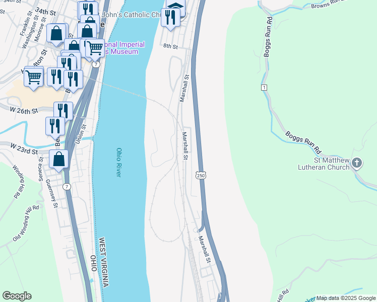 map of restaurants, bars, coffee shops, grocery stores, and more near 1301-1399 Marshall Street in Benwood