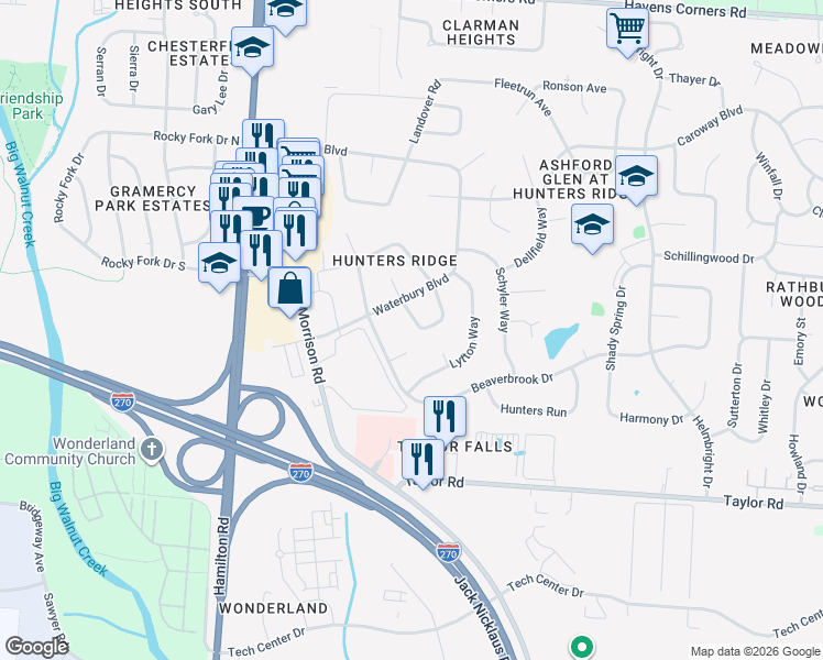 map of restaurants, bars, coffee shops, grocery stores, and more near 610 Codrington Circle in Columbus
