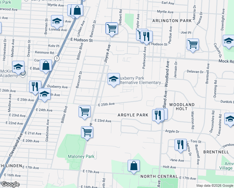 map of restaurants, bars, coffee shops, grocery stores, and more near 1810 East 26th Avenue in Columbus