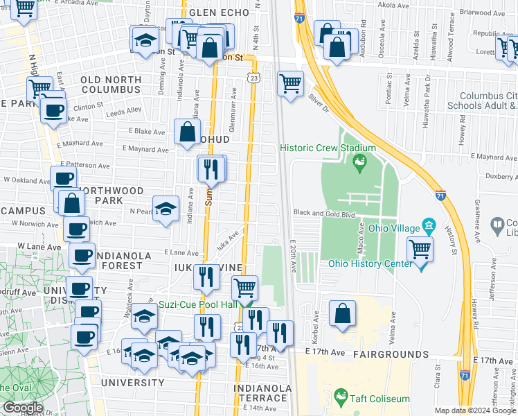 map of restaurants, bars, coffee shops, grocery stores, and more near in Columbus