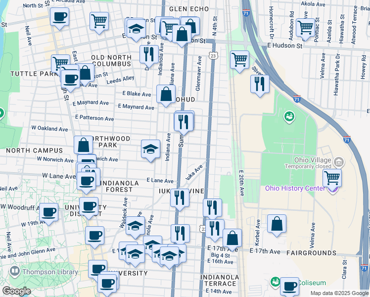 map of restaurants, bars, coffee shops, grocery stores, and more near 371 Alden Avenue in Columbus