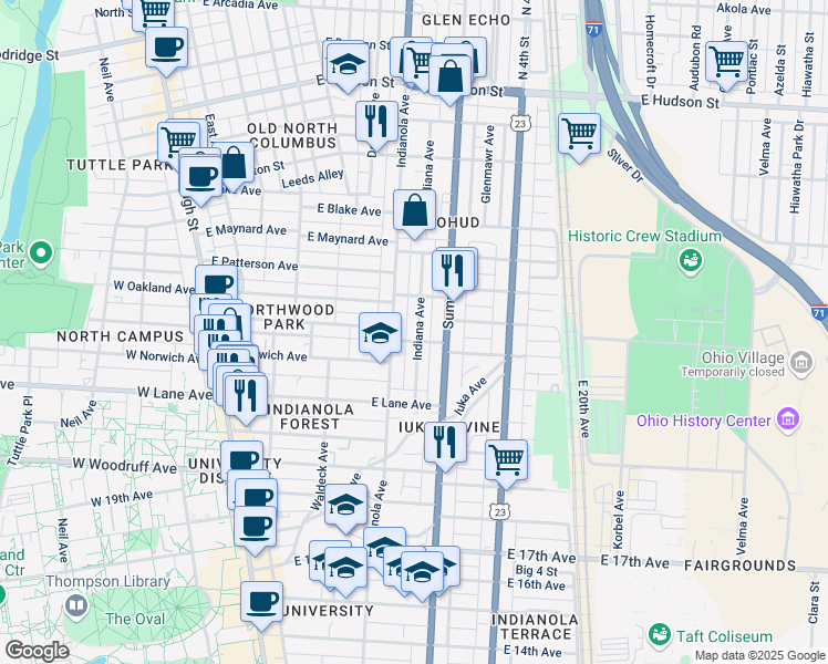 map of restaurants, bars, coffee shops, grocery stores, and more near in Columbus