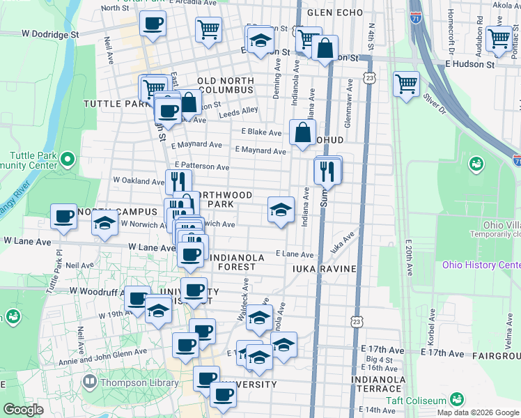 map of restaurants, bars, coffee shops, grocery stores, and more near 187 East Northwood Avenue in Columbus