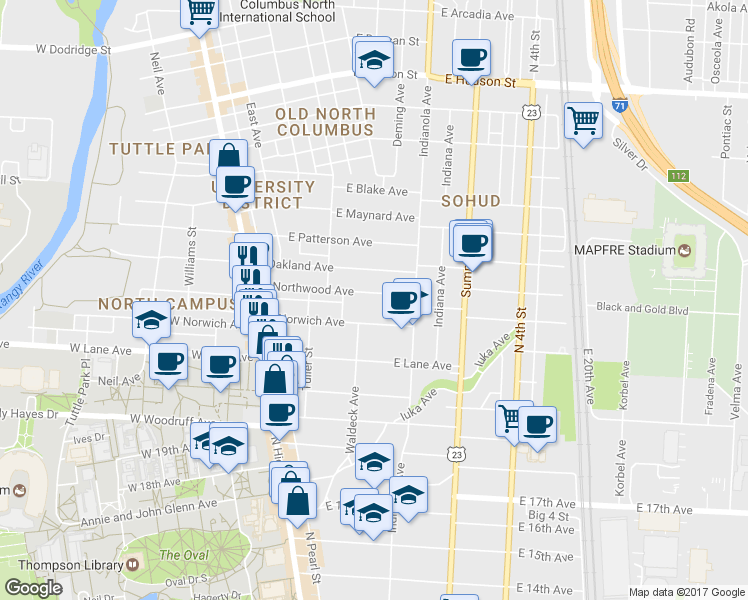 map of restaurants, bars, coffee shops, grocery stores, and more near 205 East Northwood Avenue in Columbus