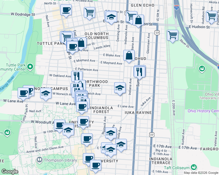 map of restaurants, bars, coffee shops, grocery stores, and more near 205 East Northwood Avenue in Columbus