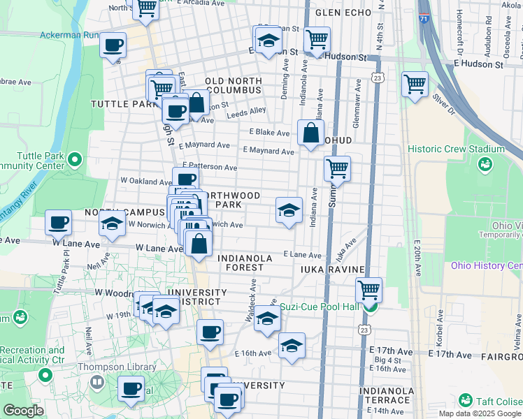 map of restaurants, bars, coffee shops, grocery stores, and more near 149 East Northwood Avenue in Columbus
