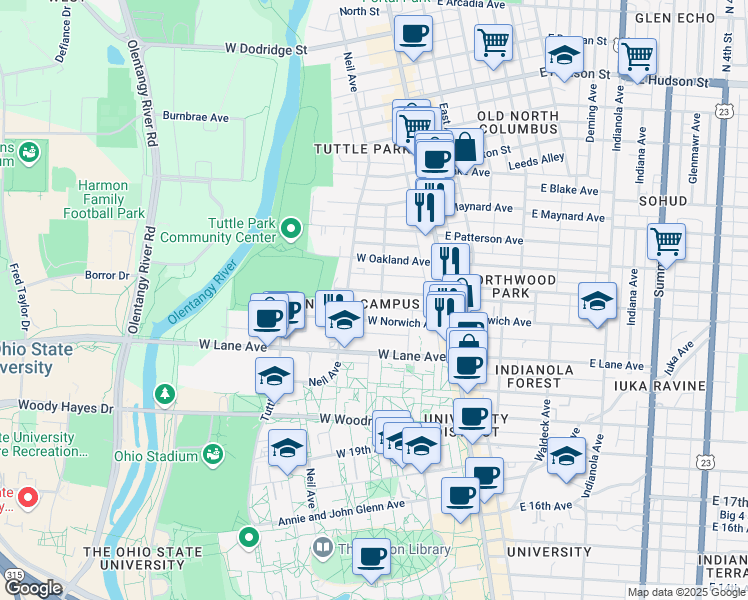 map of restaurants, bars, coffee shops, grocery stores, and more near 117 West Northwood Avenue in Columbus