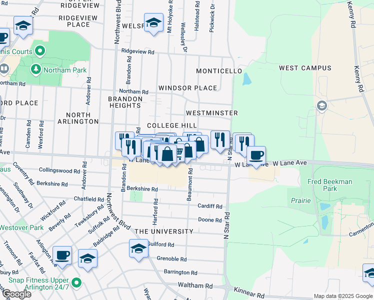 map of restaurants, bars, coffee shops, grocery stores, and more near 2487 Wellesley Lane in Upper Arlington