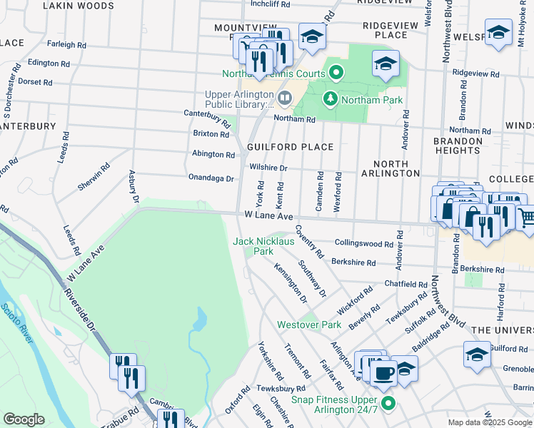 map of restaurants, bars, coffee shops, grocery stores, and more near 2170 West Lane Avenue in Columbus