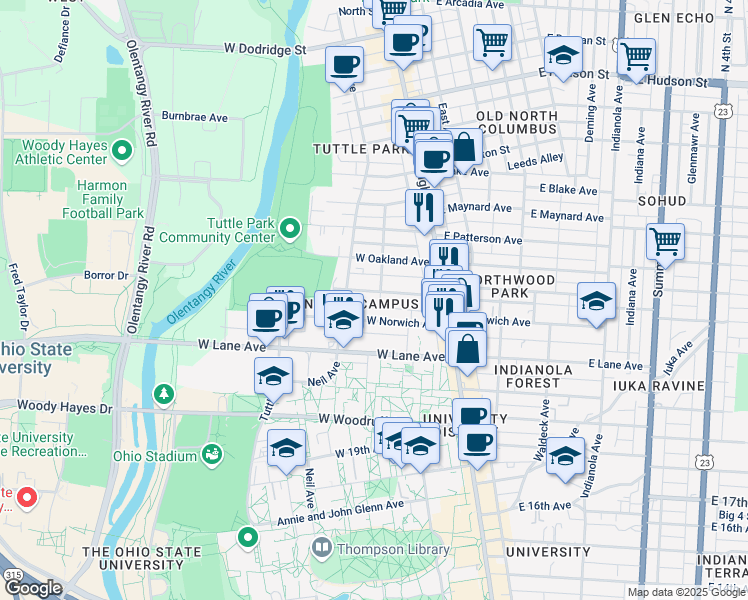 map of restaurants, bars, coffee shops, grocery stores, and more near 111 West Northwood Avenue in Columbus