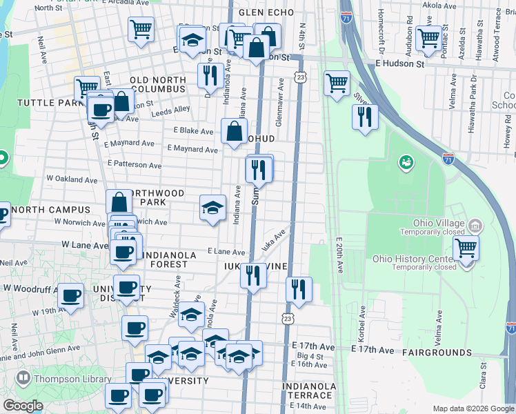 map of restaurants, bars, coffee shops, grocery stores, and more near 2181 Summit Street in Columbus