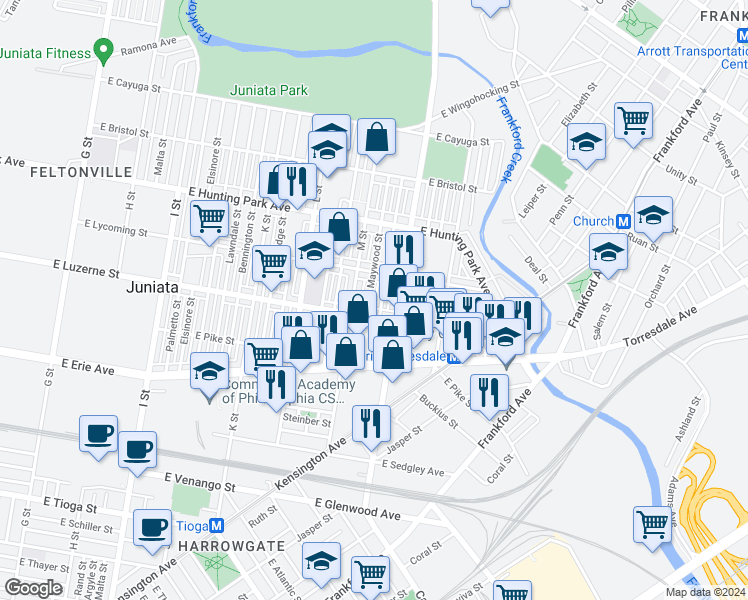 map of restaurants, bars, coffee shops, grocery stores, and more near 4025 Maywood Street in Philadelphia