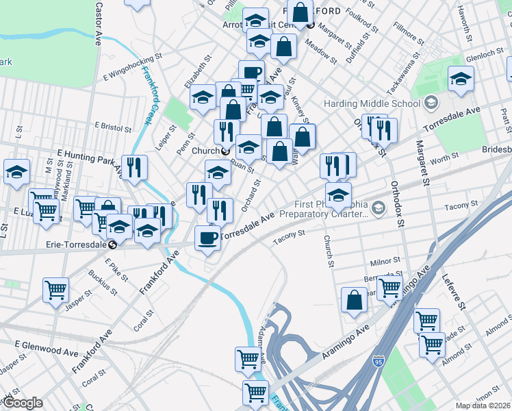 map of restaurants, bars, coffee shops, grocery stores, and more near 4210 Tackawanna Street in Philadelphia