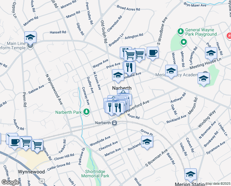 map of restaurants, bars, coffee shops, grocery stores, and more near 216 North Narberth Avenue in Narberth