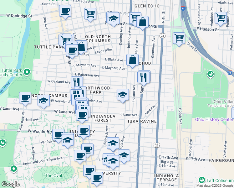 map of restaurants, bars, coffee shops, grocery stores, and more near 205 East Northwood Avenue in Columbus