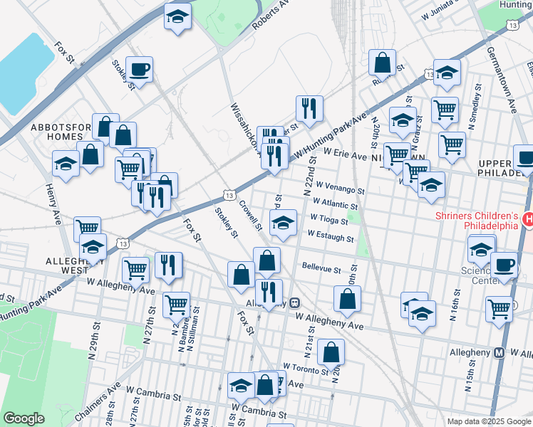 map of restaurants, bars, coffee shops, grocery stores, and more near 2316 West Tioga Street in Philadelphia