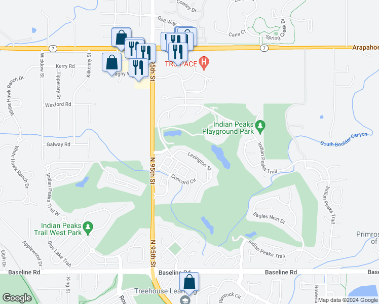 map of restaurants, bars, coffee shops, grocery stores, and more near 2537 Lexington Street in Lafayette