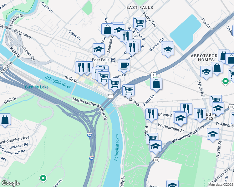 map of restaurants, bars, coffee shops, grocery stores, and more near Ridge Ave & S Ferry Rd in Philadelphia