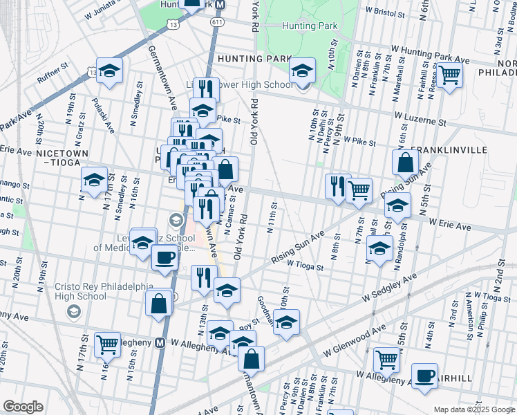 map of restaurants, bars, coffee shops, grocery stores, and more near 3636 North Marvine Street in Philadelphia