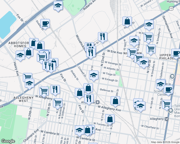 map of restaurants, bars, coffee shops, grocery stores, and more near 3452 North 23rd Street in Philadelphia