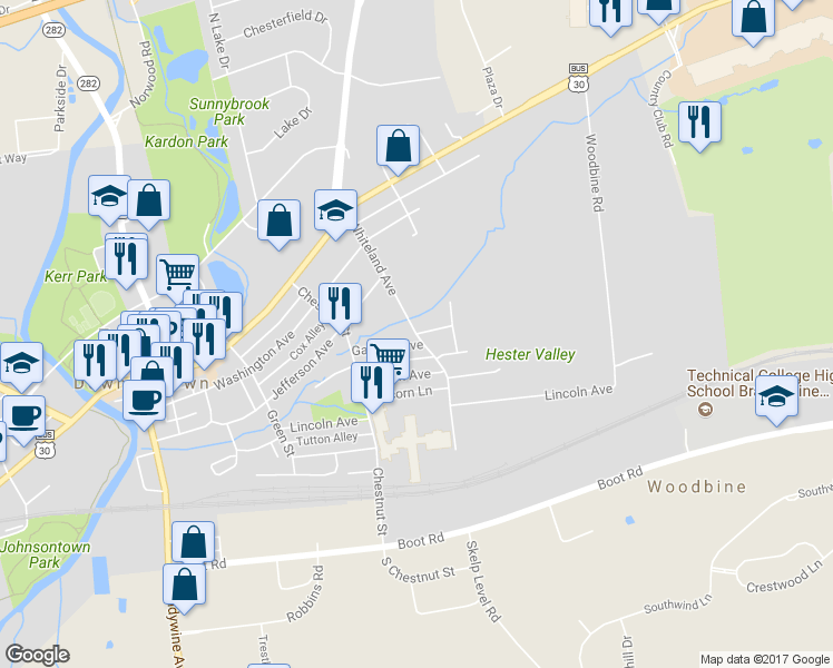 map of restaurants, bars, coffee shops, grocery stores, and more near 271 Whiteland Avenue in Downingtown