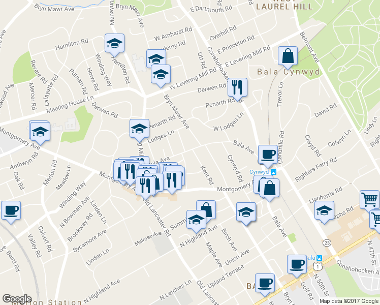 map of restaurants, bars, coffee shops, grocery stores, and more near 334 Kent Road in Bala Cynwyd