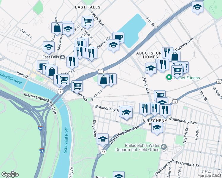 map of restaurants, bars, coffee shops, grocery stores, and more near 3502 Scotts Lane in Philadelphia