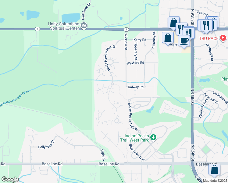 map of restaurants, bars, coffee shops, grocery stores, and more near 1200 White Hawk Ranch Drive in Boulder