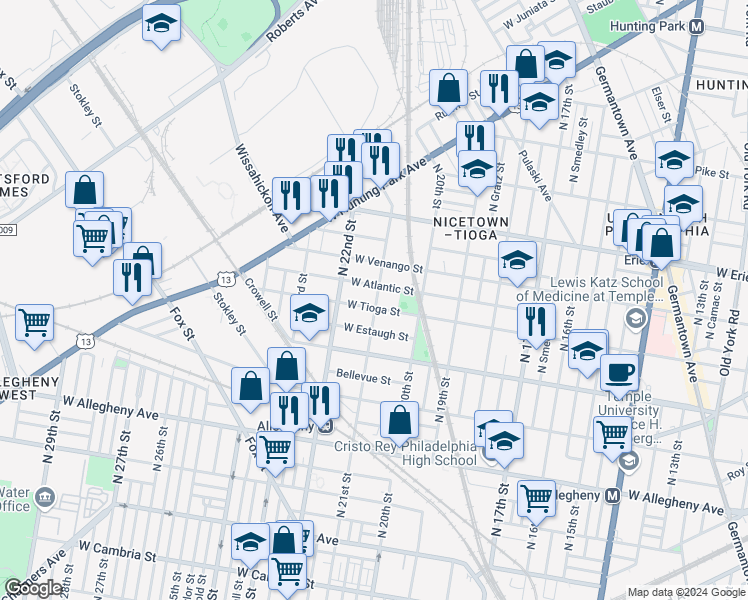 map of restaurants, bars, coffee shops, grocery stores, and more near 2101-03 West Tioga Street in Philadelphia
