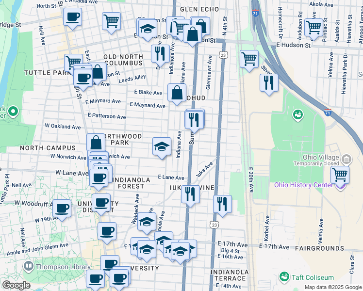 map of restaurants, bars, coffee shops, grocery stores, and more near 2188 Indiana Avenue in Columbus