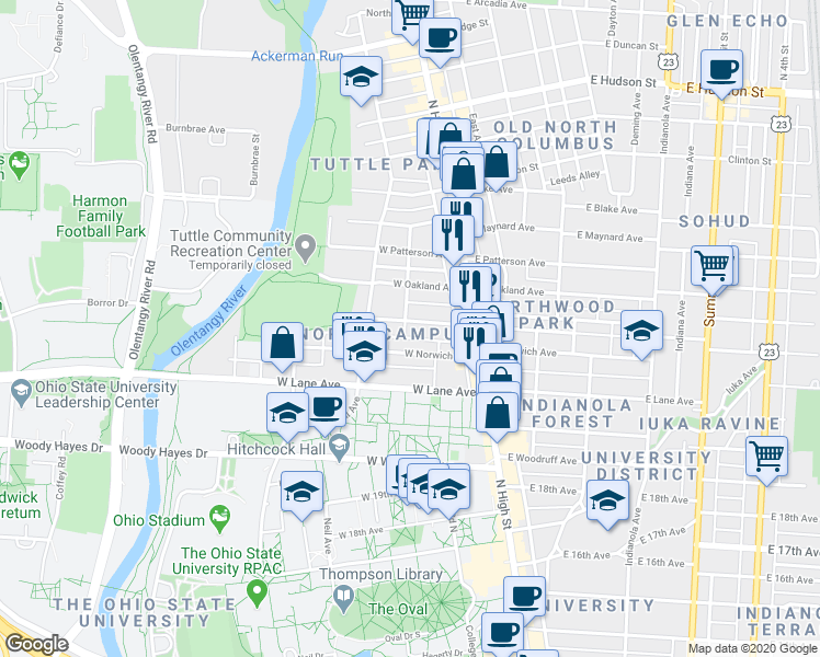 map of restaurants, bars, coffee shops, grocery stores, and more near 97 West Northwood Avenue in Columbus