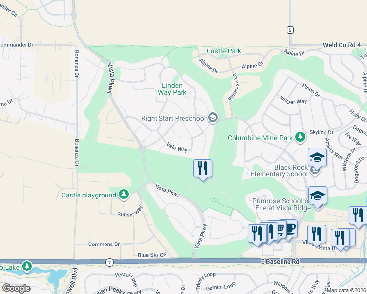 map of restaurants, bars, coffee shops, grocery stores, and more near 2463 Vale Way in Erie