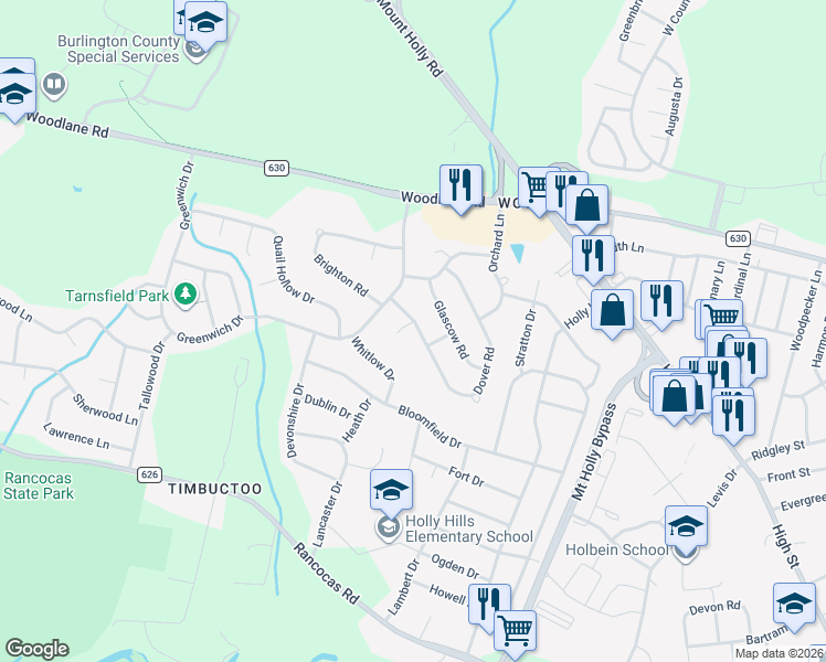 map of restaurants, bars, coffee shops, grocery stores, and more near 12 Dover Road in Westampton