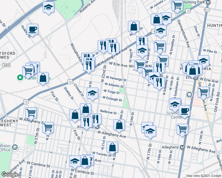 map of restaurants, bars, coffee shops, grocery stores, and more near 2103 West Tioga Street in Philadelphia