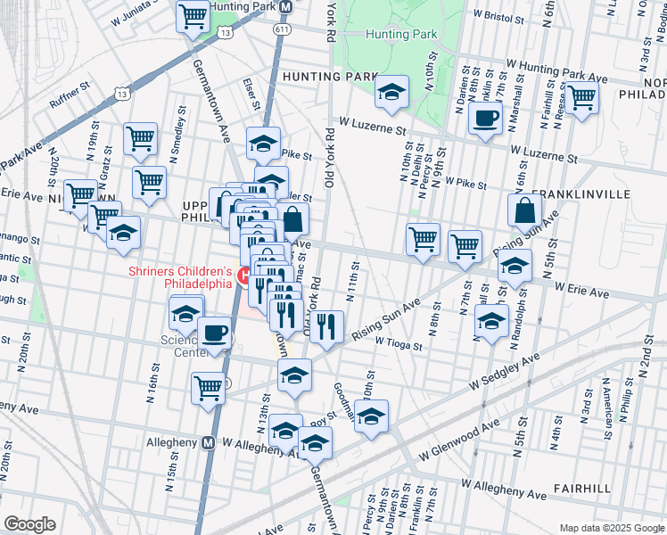 map of restaurants, bars, coffee shops, grocery stores, and more near 3636 North Marvine Street in Philadelphia