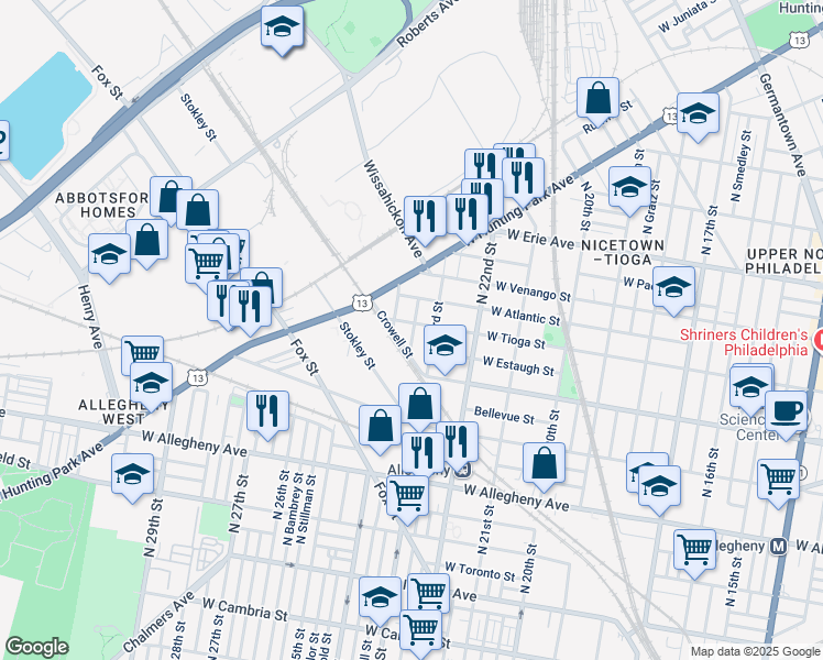map of restaurants, bars, coffee shops, grocery stores, and more near 2322 West Tioga Street in Philadelphia
