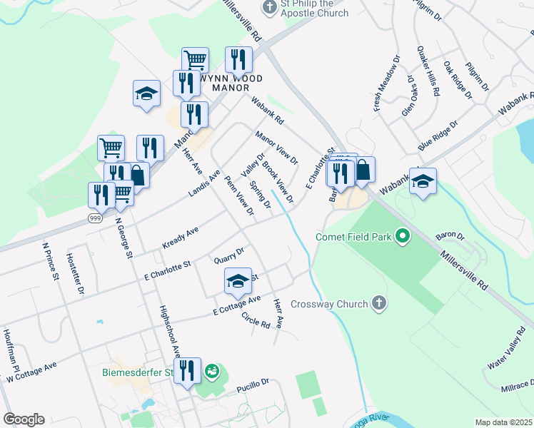 map of restaurants, bars, coffee shops, grocery stores, and more near 401 Spring Drive in Millersville