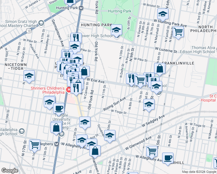 map of restaurants, bars, coffee shops, grocery stores, and more near 1041 West Pacific Street in Philadelphia