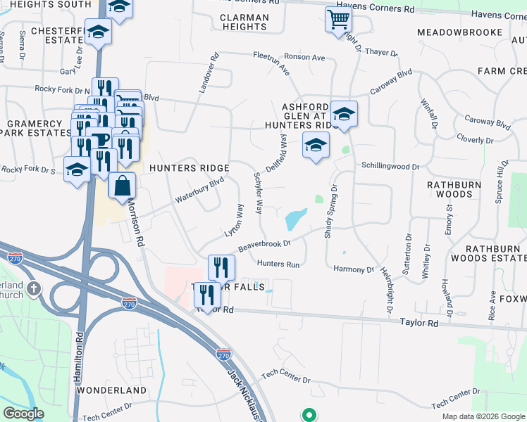 map of restaurants, bars, coffee shops, grocery stores, and more near 418 Schyler Way in Gahanna