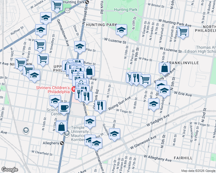 map of restaurants, bars, coffee shops, grocery stores, and more near 3642 North 11th Street in Philadelphia