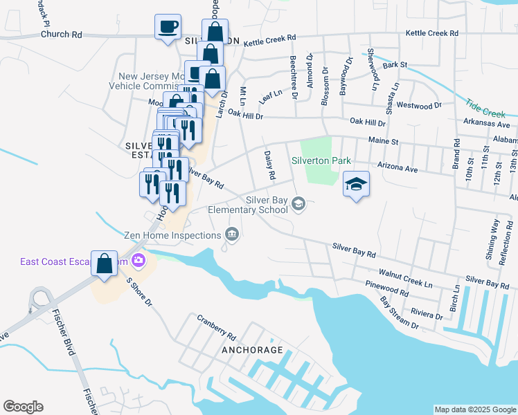 map of restaurants, bars, coffee shops, grocery stores, and more near 66 Silver Bay Road in Toms River