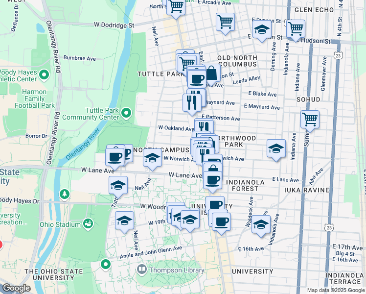 map of restaurants, bars, coffee shops, grocery stores, and more near 61 West Northwood Avenue in Columbus